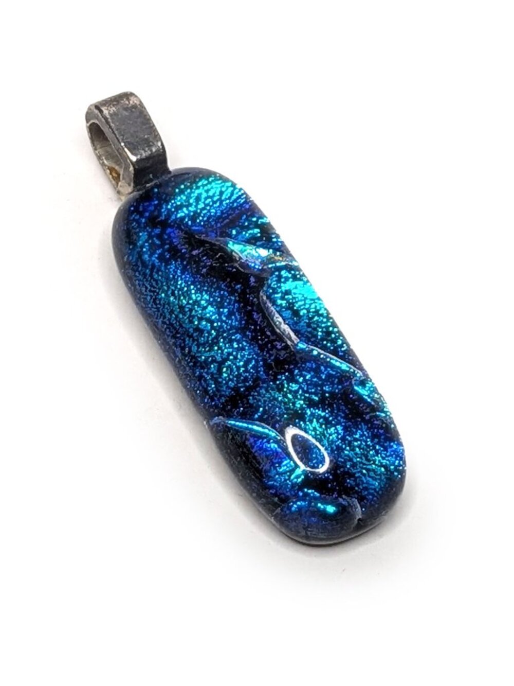 Blue Dichroic Blue Black Glass Fused Art Pendant Necklace Teal Turquoise Silver